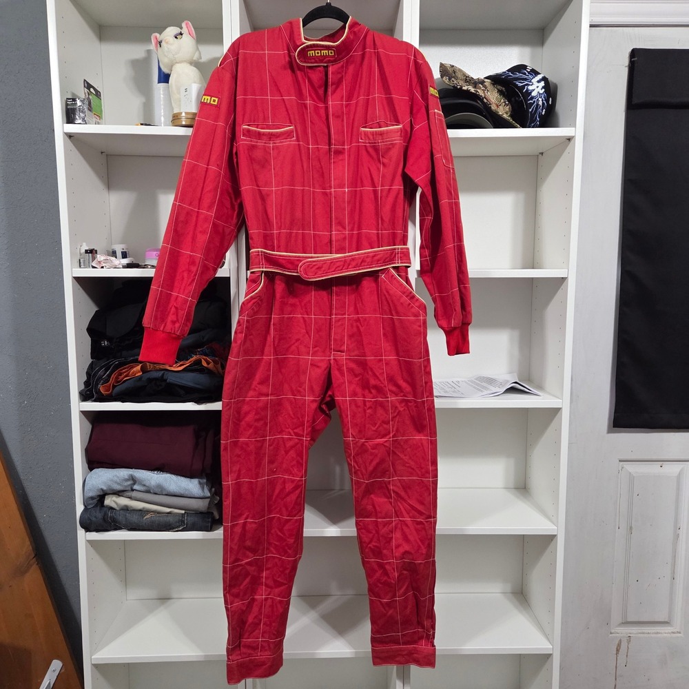 Vintage MOMO Racing Suit Red Windowpane Check Mechanic Coveralls Mens Large